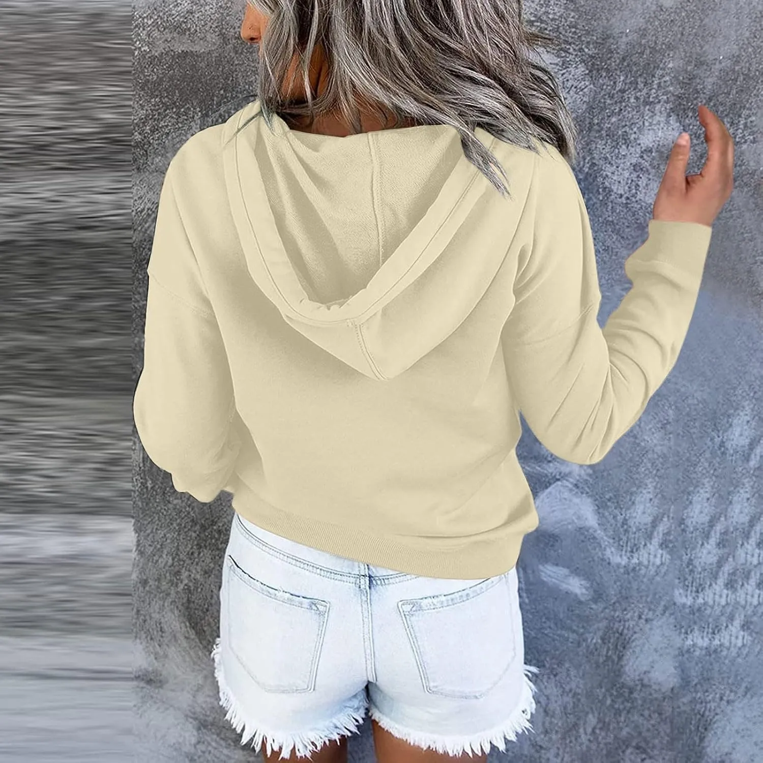 Womens Fashion Hoodies Long Sleeve Button Sweatshirts V Neck Drawstring Shirts Comfy Casual Plain Tops with Pockets