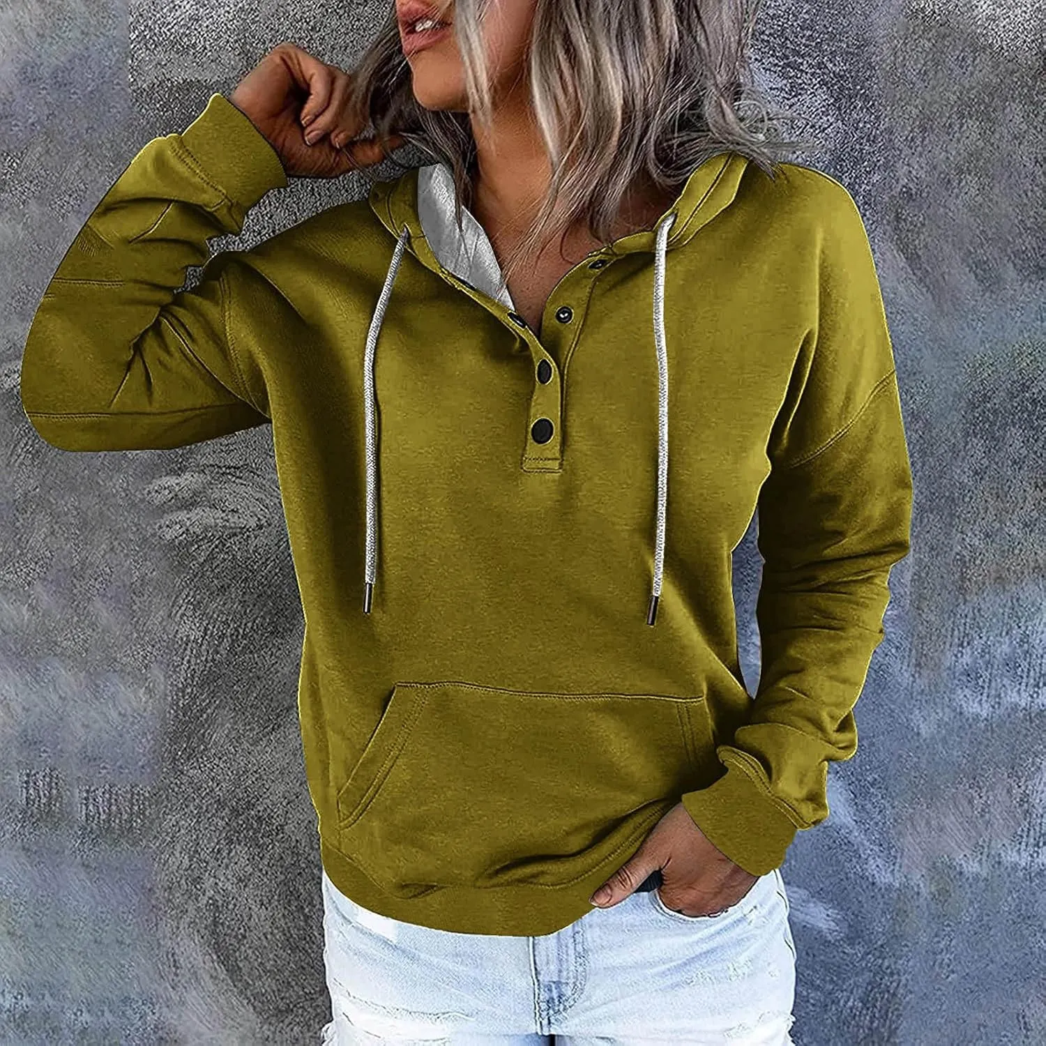 Womens Fashion Hoodies Long Sleeve Button Sweatshirts V Neck Drawstring Shirts Comfy Casual Plain Tops with Pockets