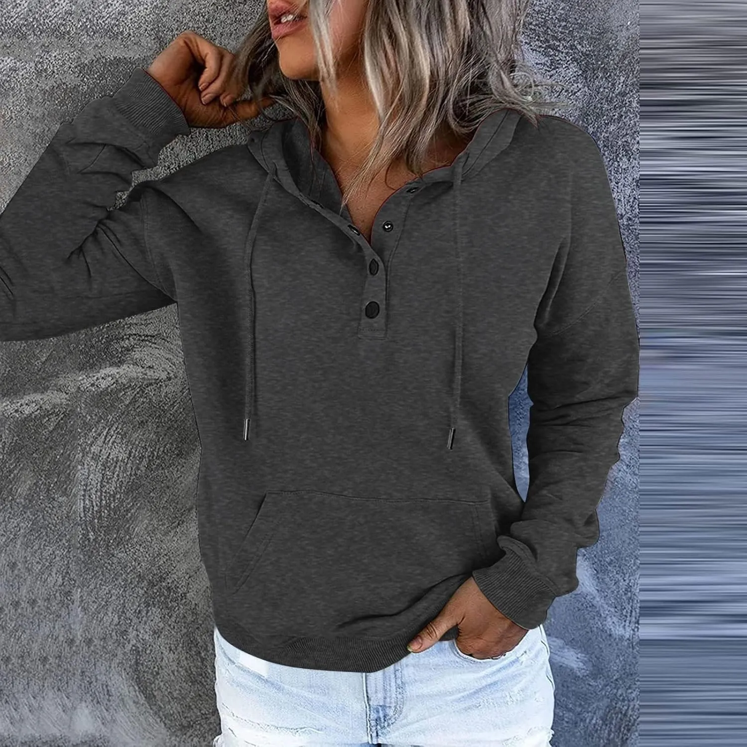 Womens Fashion Hoodies Long Sleeve Button Sweatshirts V Neck Drawstring Shirts Comfy Casual Plain Tops with Pockets