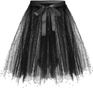 Womens Fashion Solid Lace Up Bow Puffy Skirt Tulle Bubble A Line Fairy Skirts Carnival Party Sequin Performance Skirt
