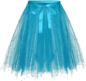 Womens Fashion Solid Lace Up Bow Puffy Skirt Tulle Bubble A Line Fairy Skirts Carnival Party Sequin Performance Skirt