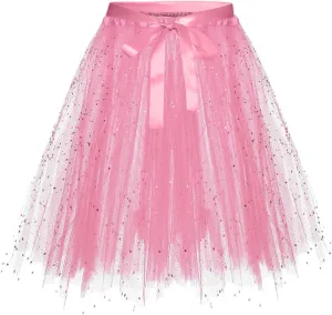 Womens Fashion Solid Lace Up Bow Puffy Skirt Tulle Bubble A Line Fairy Skirts Carnival Party Sequin Performance Skirt