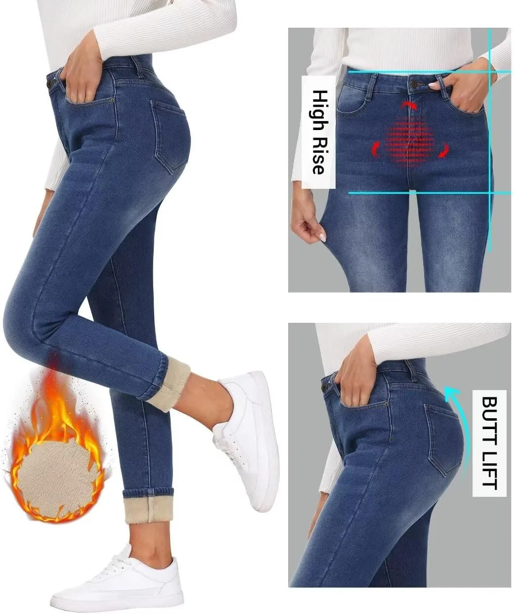 Women's Fleece Lined Jeans Skinny High Waisted Winter Thick Fleece Warm Stretch Fleece Lining Women Jeans Pants