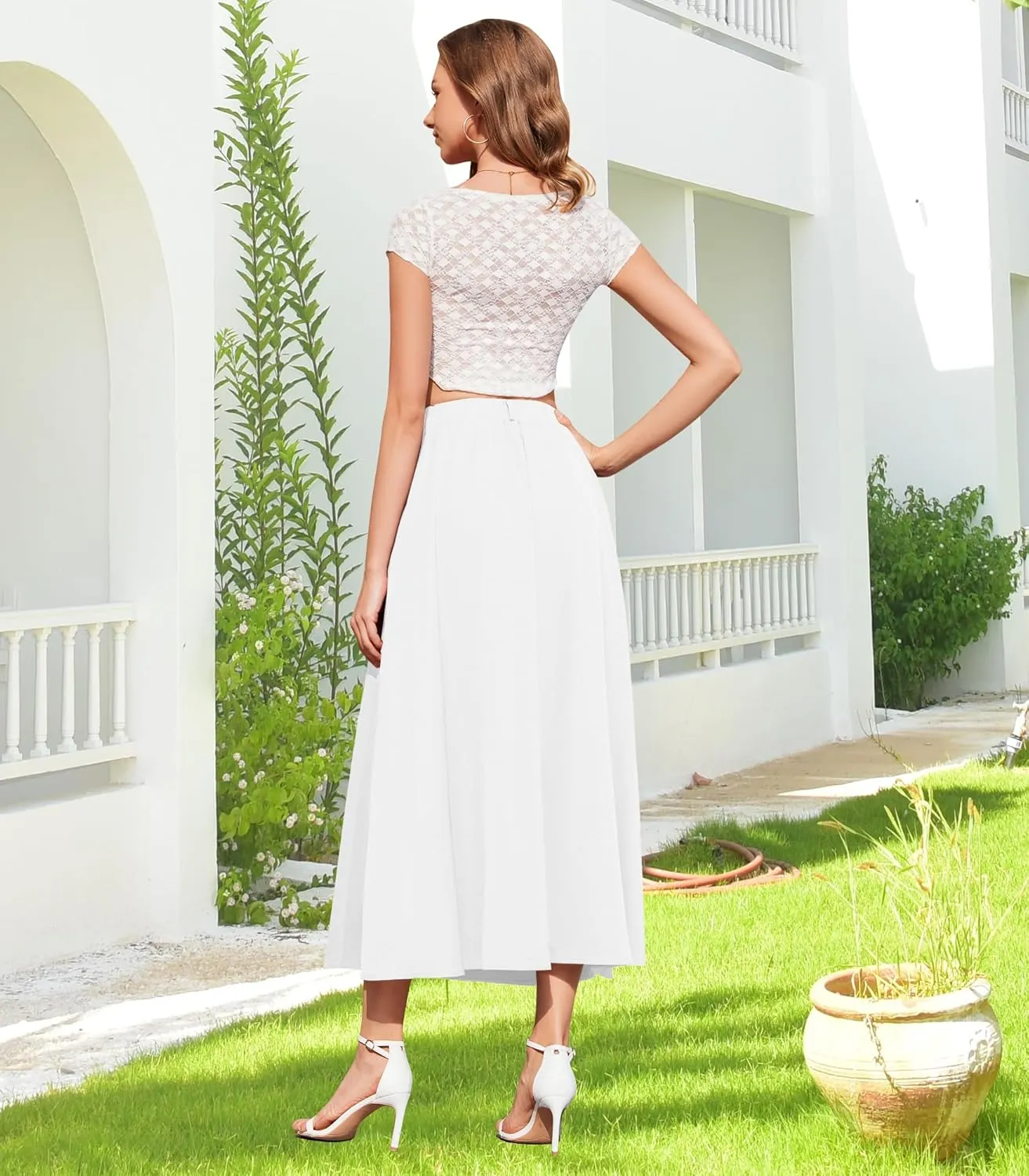 Womens Flowy Maxi Skirt Summer Elastic High Waist Long Skirts Casual A-Line Skirt with Pockets