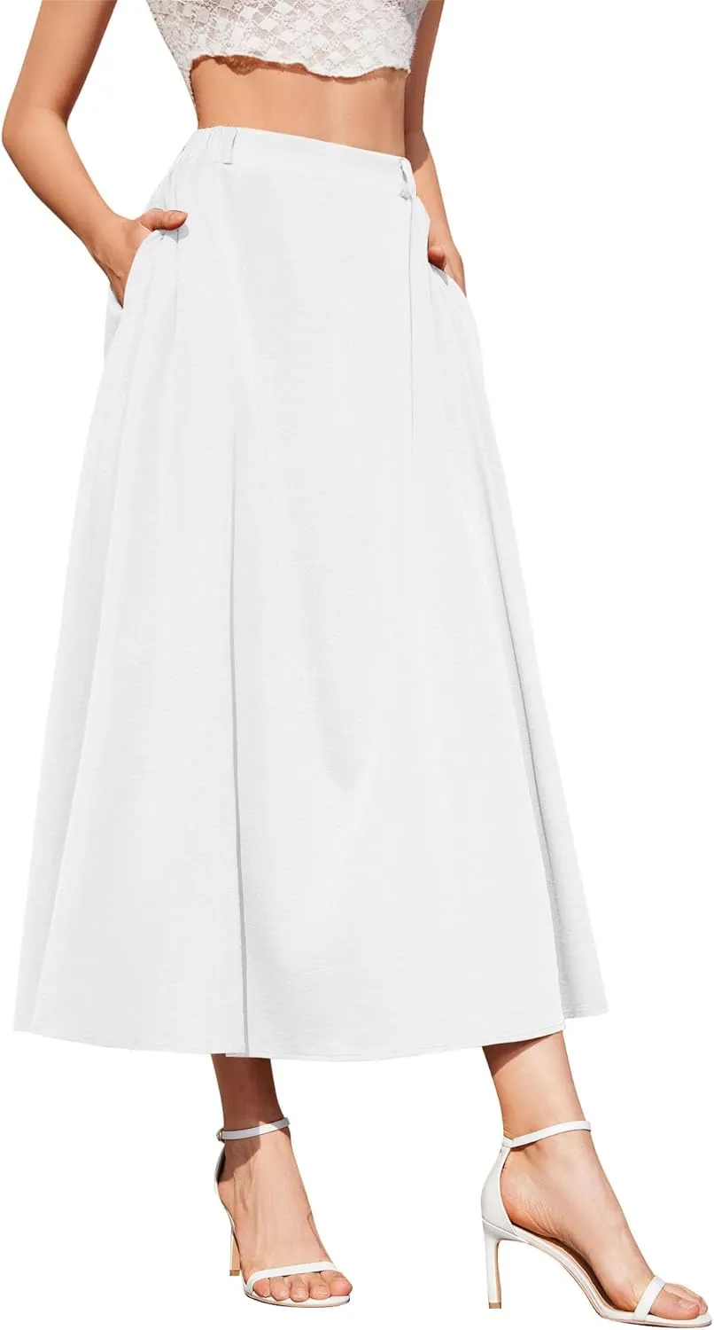 Womens Flowy Maxi Skirt Summer Elastic High Waist Long Skirts Casual A-Line Skirt with Pockets