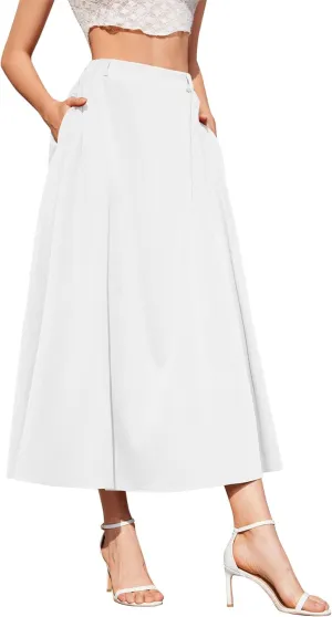 Womens Flowy Maxi Skirt Summer Elastic High Waist Long Skirts Casual A-Line Skirt with Pockets