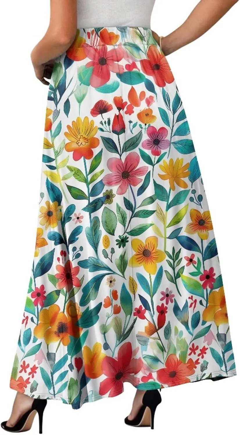 Women's Flowy Midi Length Skirts with 2 Pockets Fall Casual Pleated Maxi Skirt Soft Swing A-Line Boho Flora Long Skirt S-XXL