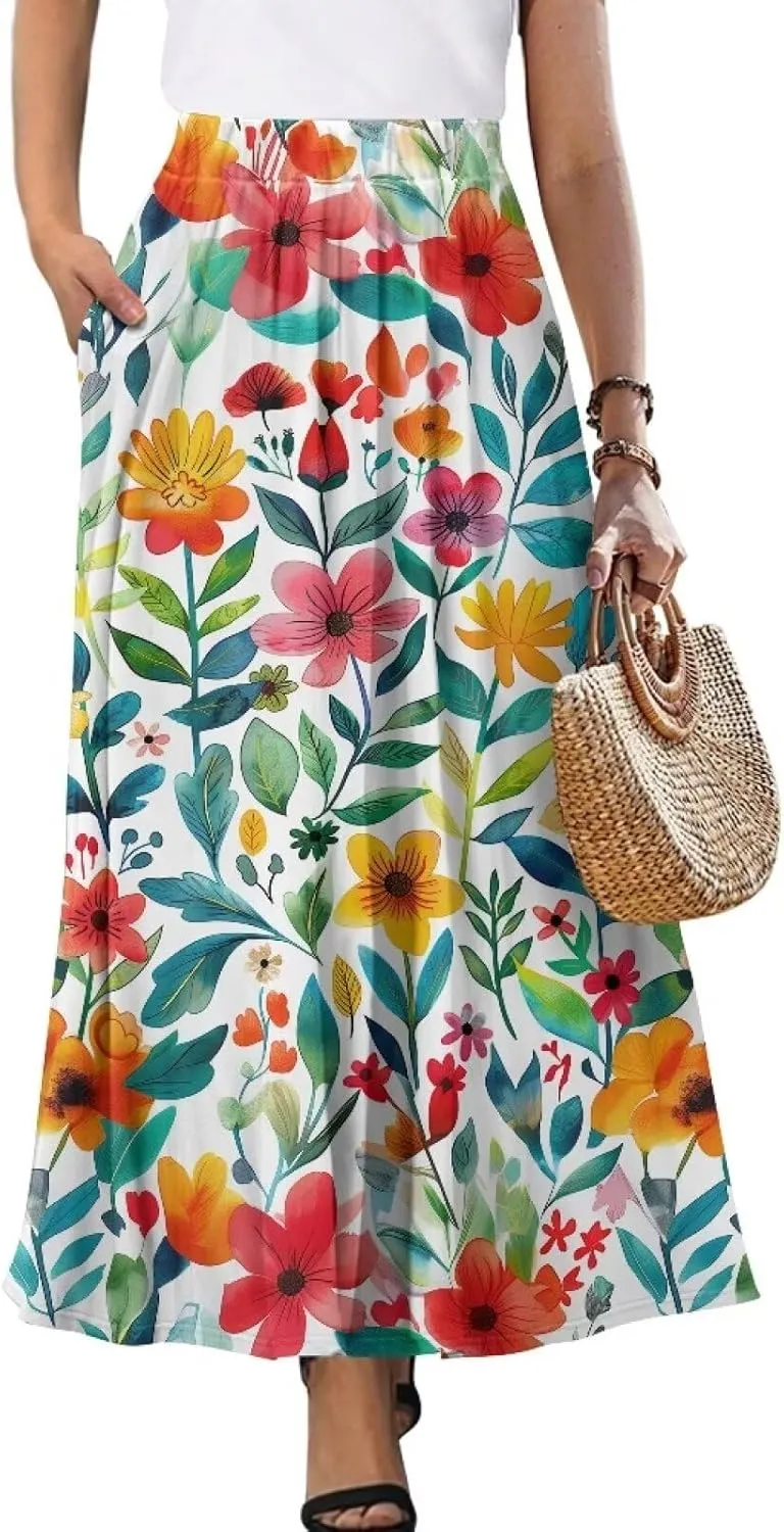Women's Flowy Midi Length Skirts with 2 Pockets Fall Casual Pleated Maxi Skirt Soft Swing A-Line Boho Flora Long Skirt S-XXL