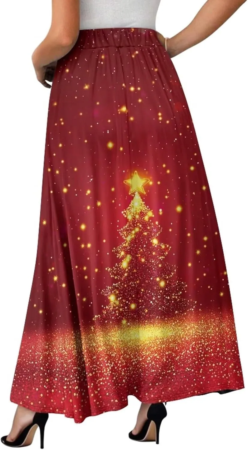 Women's Flowy Midi Length Skirts with 2 Pockets Fall Casual Pleated Maxi Skirt Soft Swing A-Line Boho Flora Long Skirt S-XXL