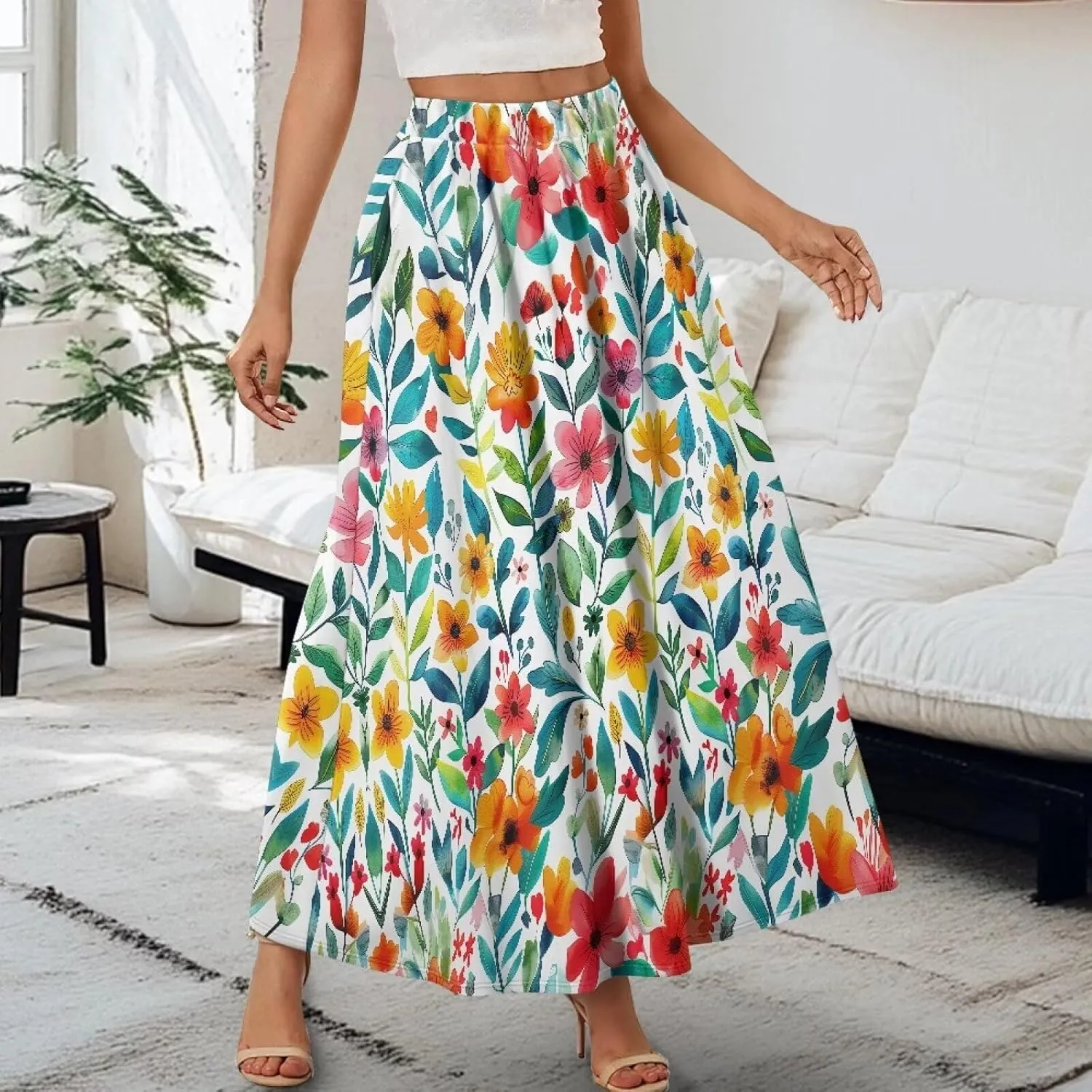 Women's Flowy Midi Length Skirts with 2 Pockets Fall Casual Pleated Maxi Skirt Soft Swing A-Line Boho Flora Long Skirt S-XXL