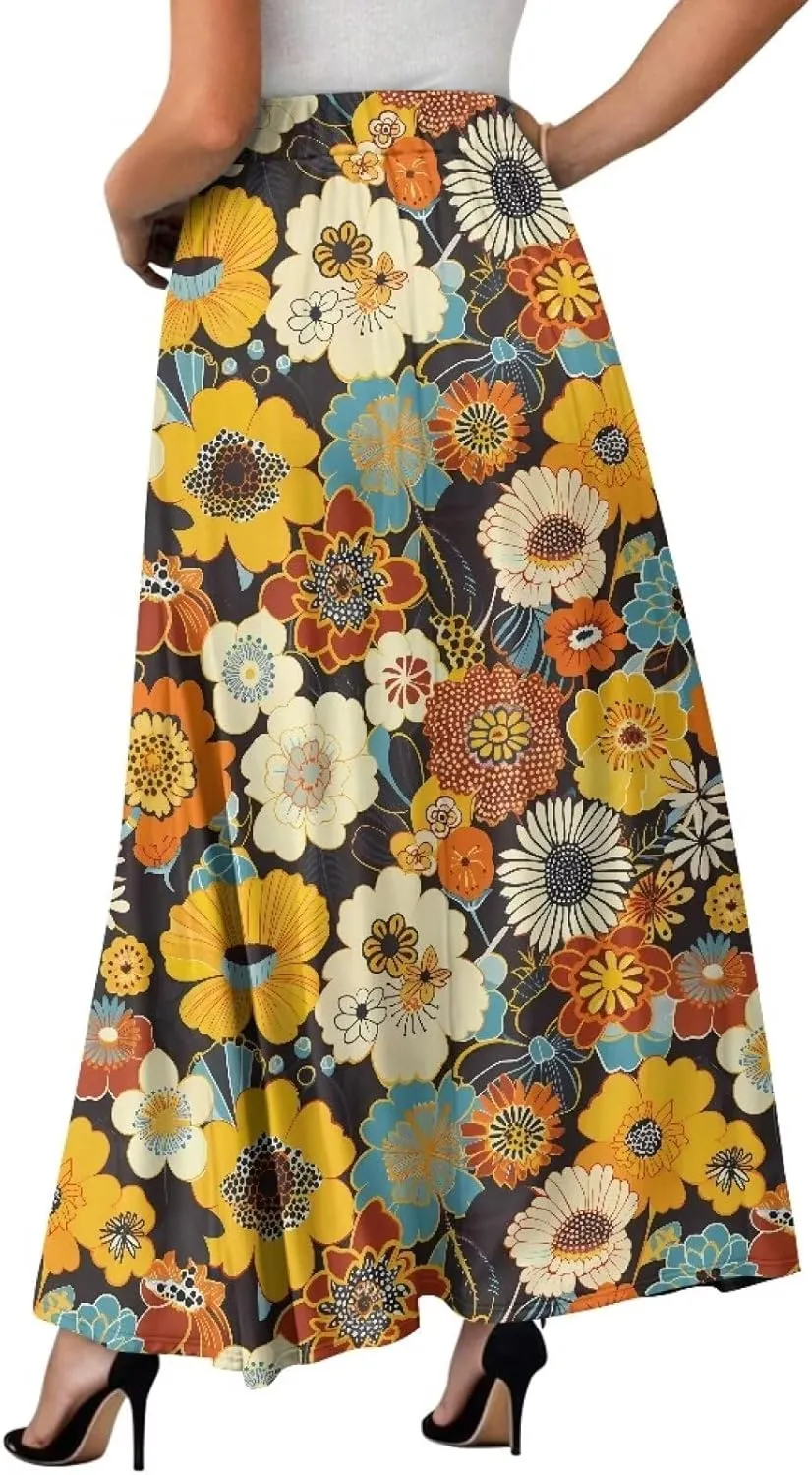 Women's Flowy Midi Length Skirts with 2 Pockets Fall Casual Pleated Maxi Skirt Soft Swing A-Line Boho Flora Long Skirt S-XXL