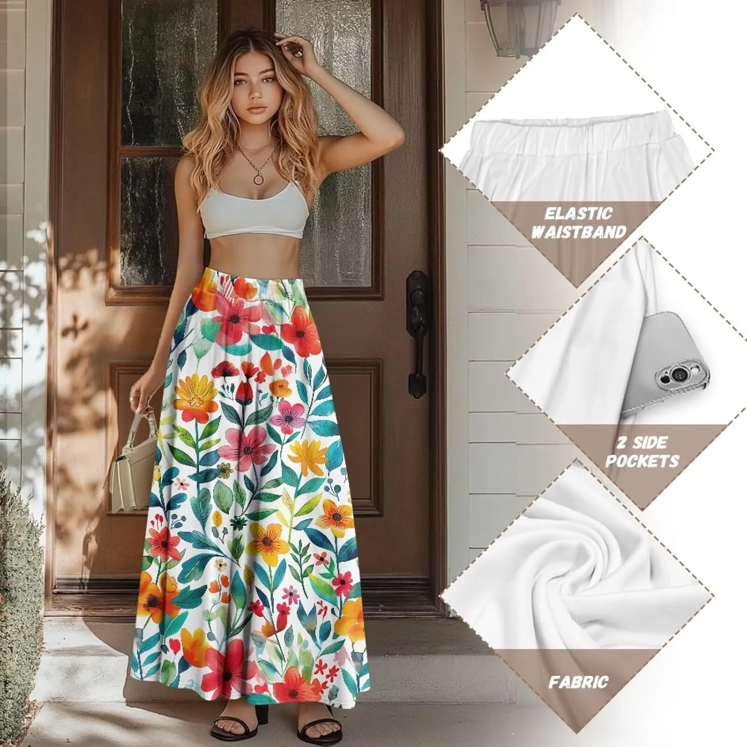 Women's Flowy Midi Length Skirts with 2 Pockets Fall Casual Pleated Maxi Skirt Soft Swing A-Line Boho Flora Long Skirt S-XXL