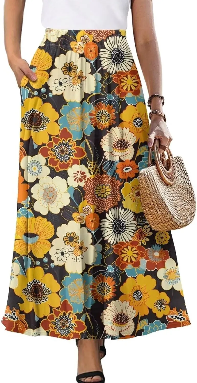 Women's Flowy Midi Length Skirts with 2 Pockets Fall Casual Pleated Maxi Skirt Soft Swing A-Line Boho Flora Long Skirt S-XXL
