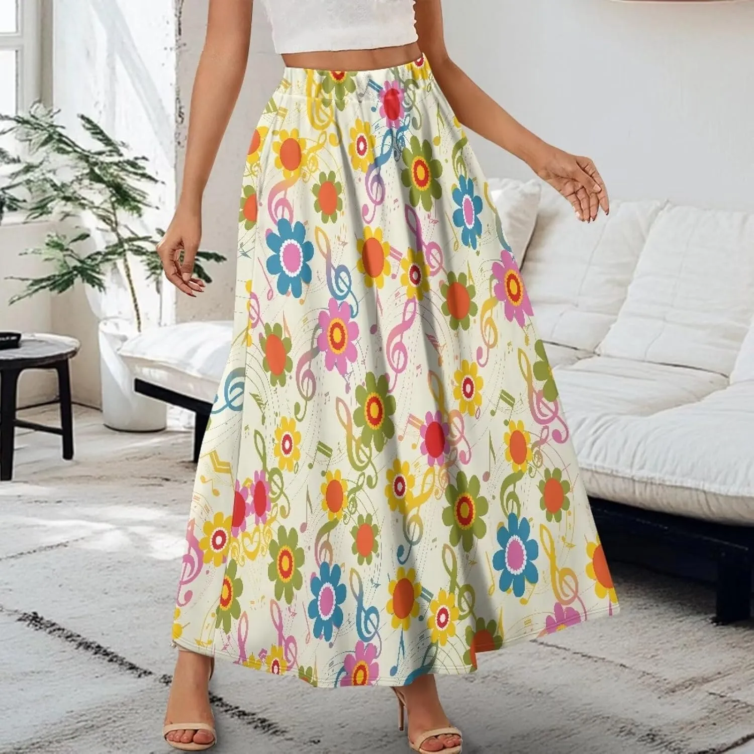 Women's Flowy Midi Length Skirts with 2 Pockets Fall Casual Pleated Maxi Skirt Soft Swing A-Line Boho Flora Long Skirt S-XXL