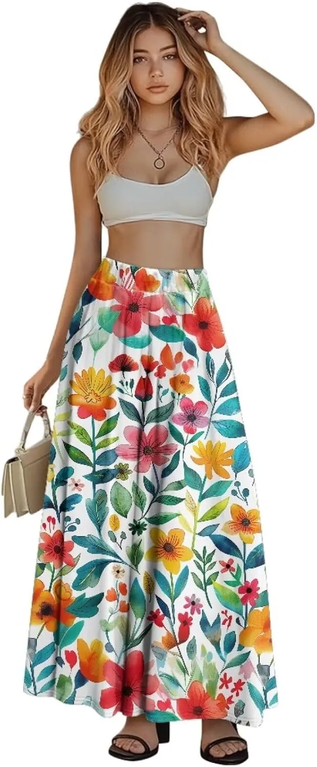 Women's Flowy Midi Length Skirts with 2 Pockets Fall Casual Pleated Maxi Skirt Soft Swing A-Line Boho Flora Long Skirt S-XXL