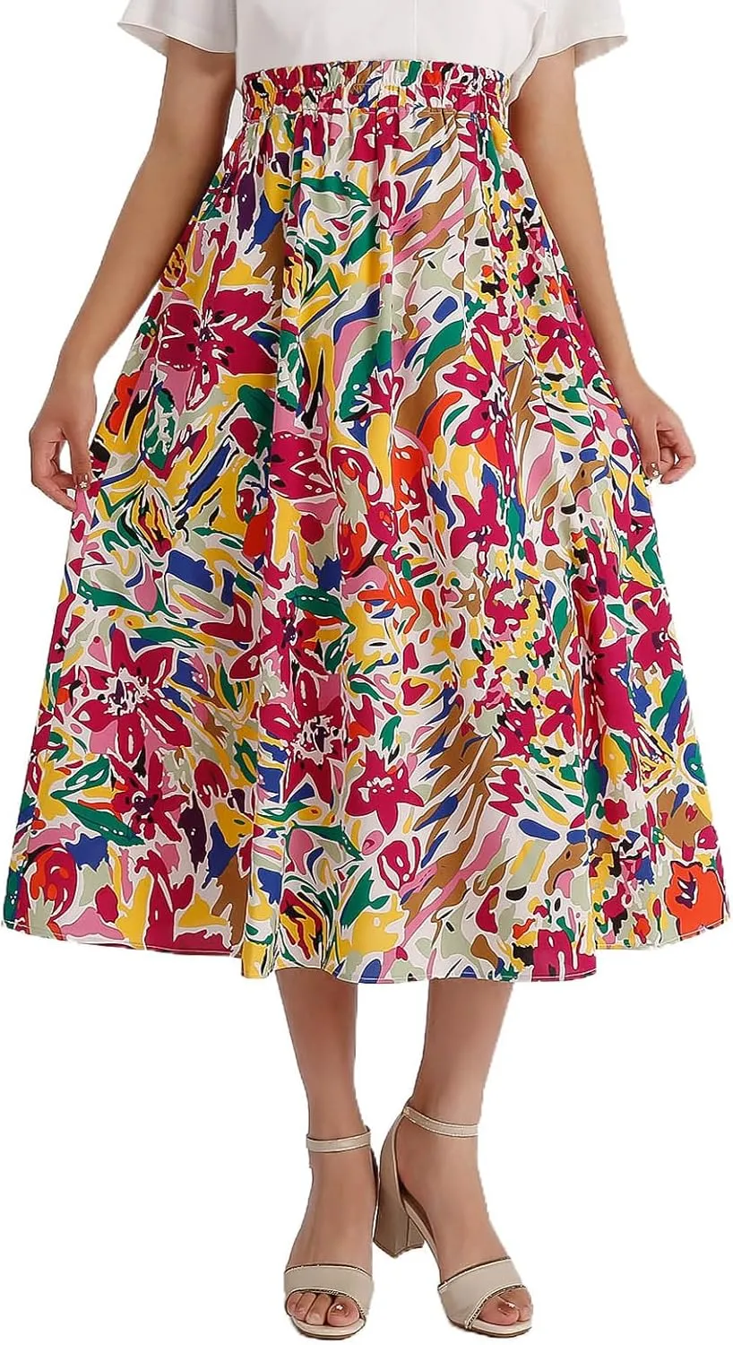 Women's High Waist Elastic Waist Skirt Printed with Pocket A-line Skirt in Spring Summer and Autumn