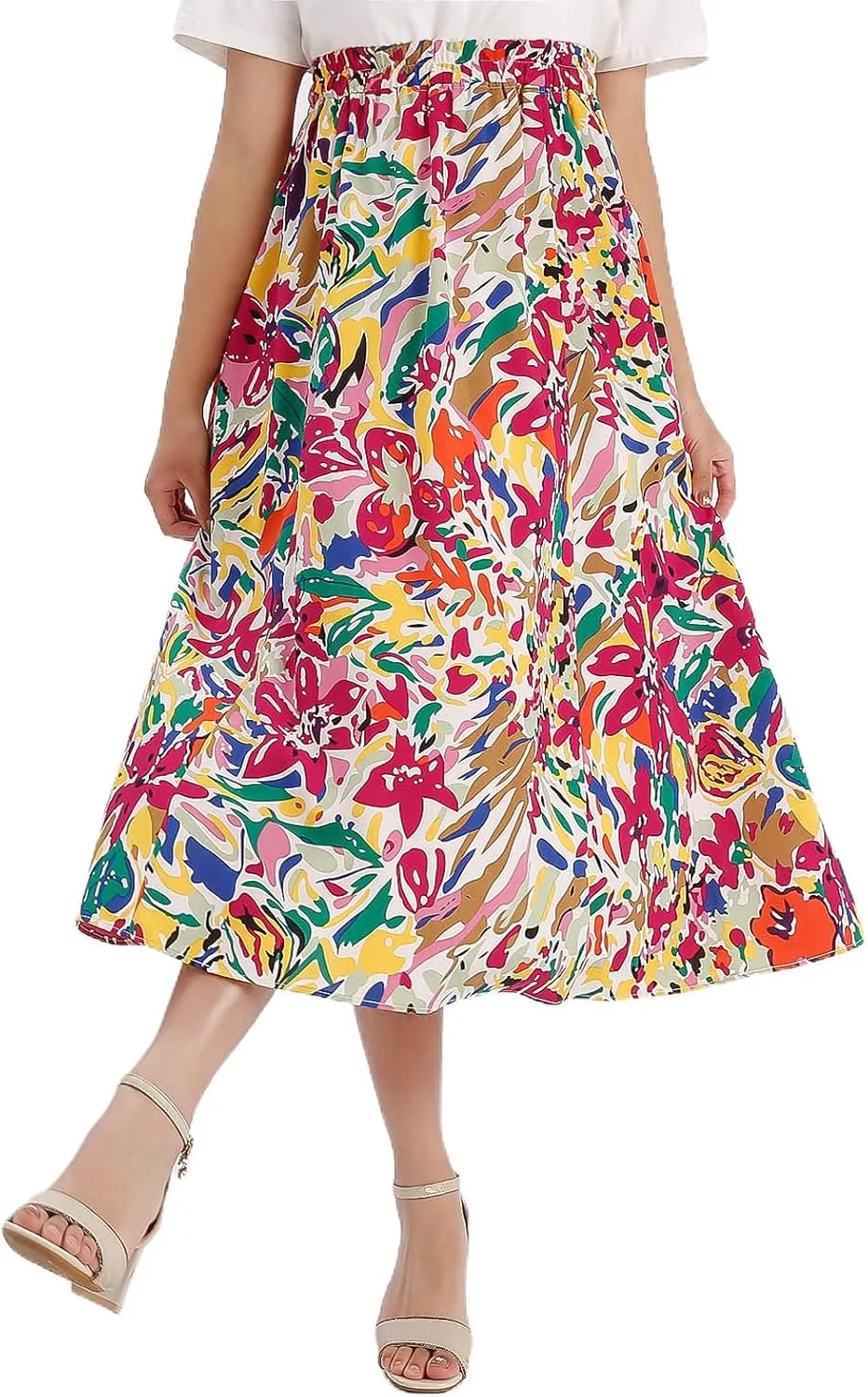Women's High Waist Elastic Waist Skirt Printed with Pocket A-line Skirt in Spring Summer and Autumn