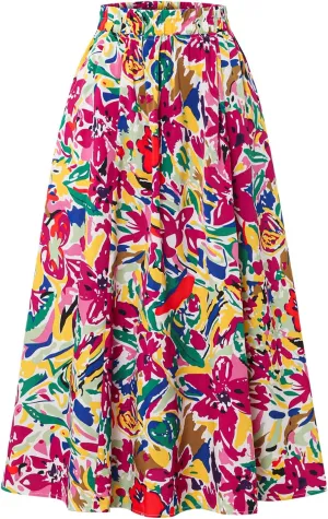 Women's High Waist Elastic Waist Skirt Printed with Pocket A-line Skirt in Spring Summer and Autumn