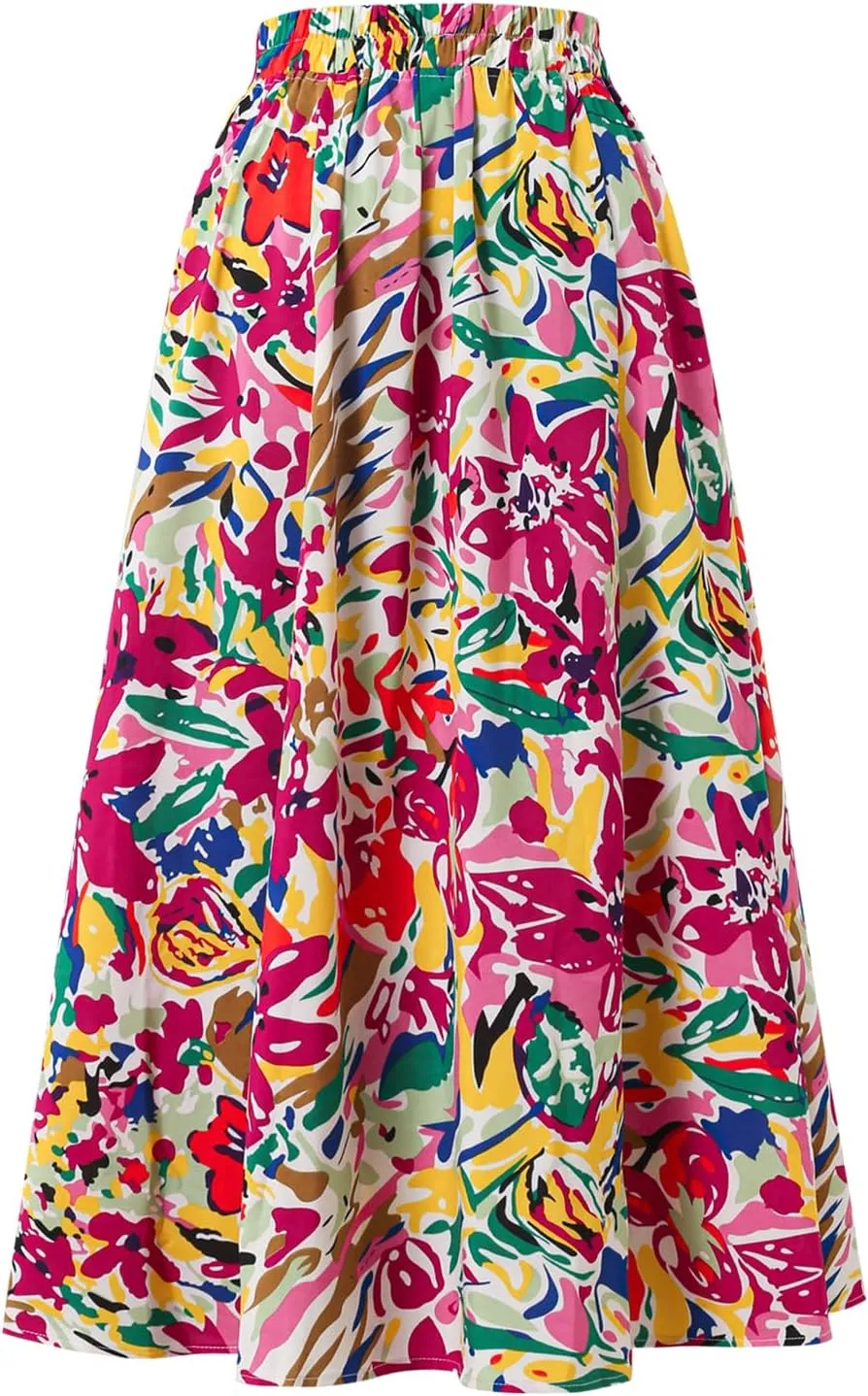 Women's High Waist Elastic Waist Skirt Printed with Pocket A-line Skirt in Spring Summer and Autumn