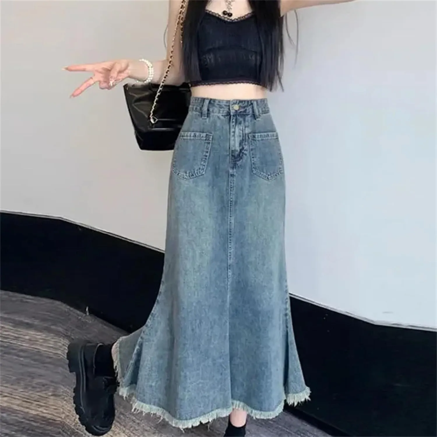 Women's High-Waisted A-Line Denim Fish Tail Skirt  Slimming Mid-Length Dress with Pockets