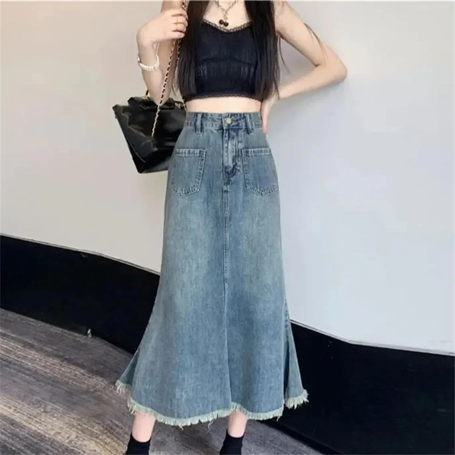 Women's High-Waisted A-Line Denim Fish Tail Skirt  Slimming Mid-Length Dress with Pockets