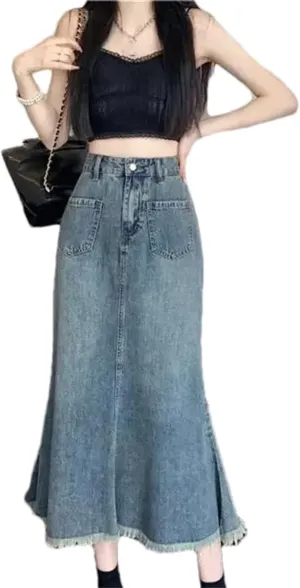 Women's High-Waisted A-Line Denim Fish Tail Skirt  Slimming Mid-Length Dress with Pockets