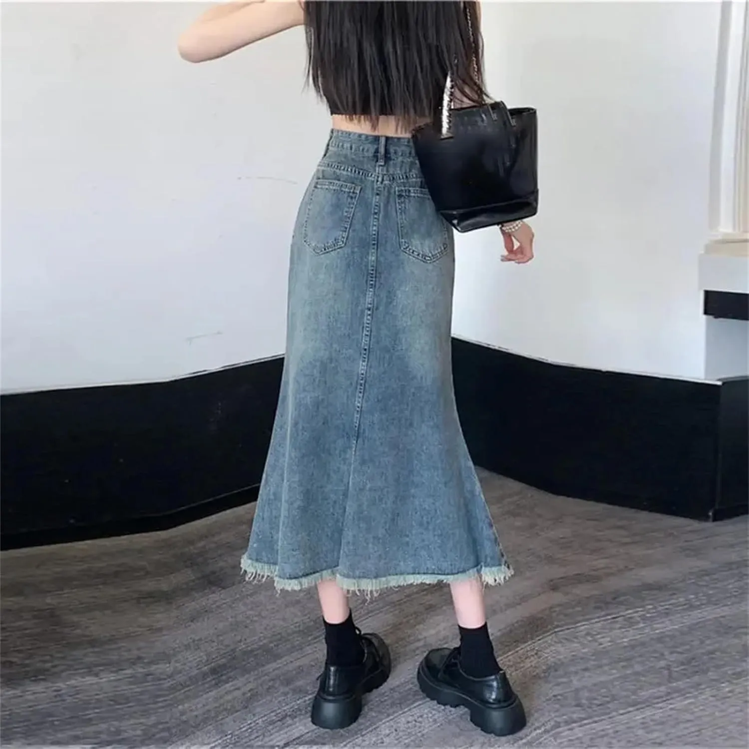 Women's High-Waisted A-Line Denim Fish Tail Skirt  Slimming Mid-Length Dress with Pockets