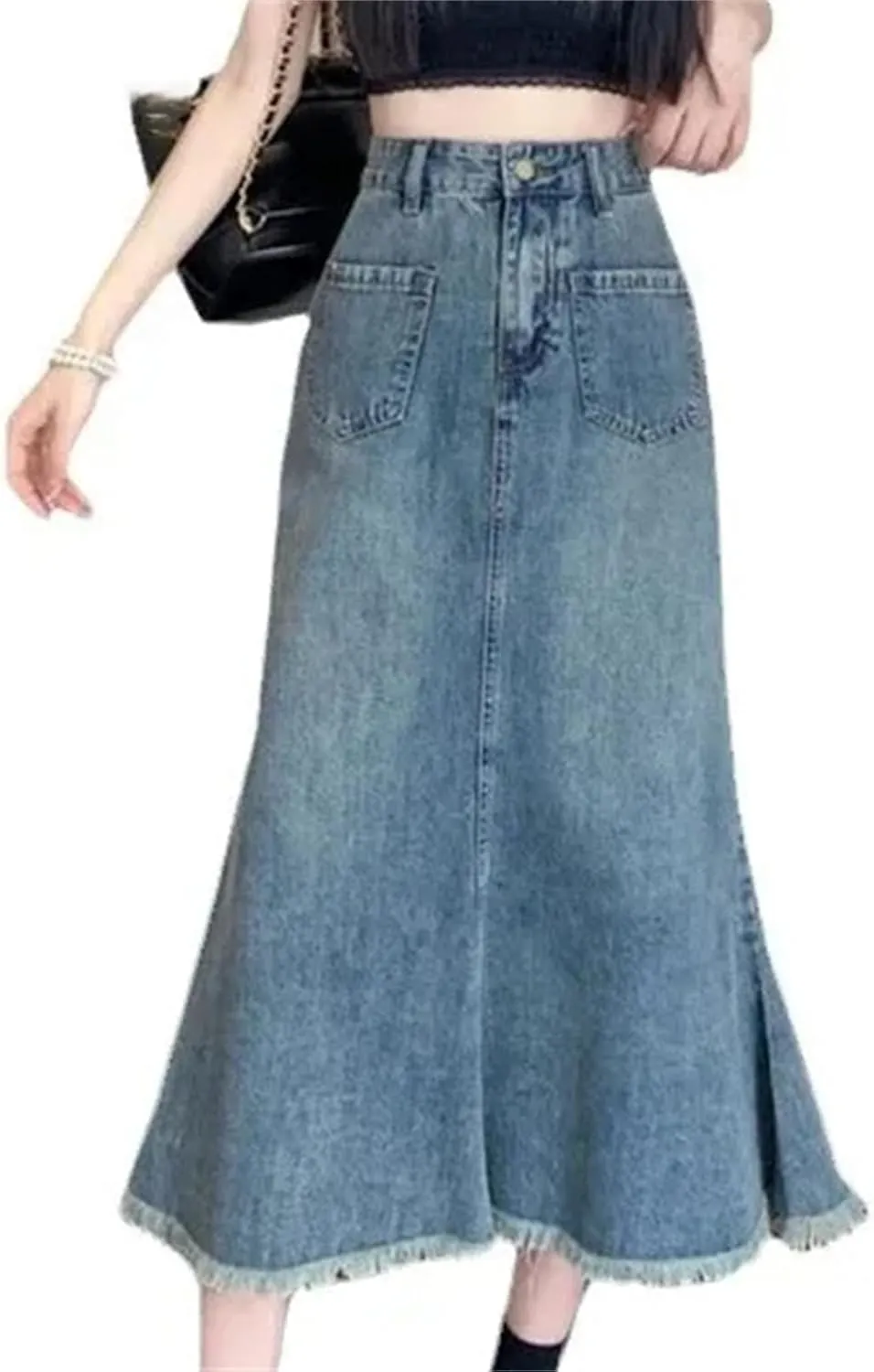 Women's High-Waisted A-Line Denim Fish Tail Skirt  Slimming Mid-Length Dress with Pockets