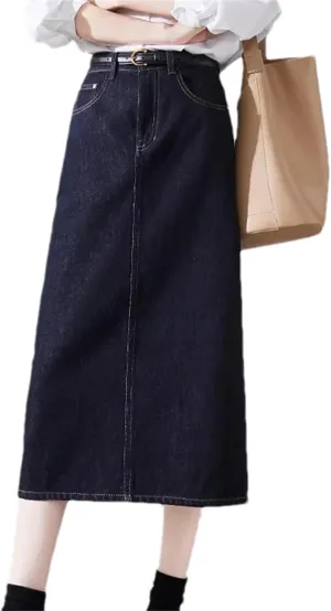 Women's High-Waisted A-Line Slimming Denim Skirt  Straight-Leg Summer Split Pockets Midi Jean Skirt Casual Stretch