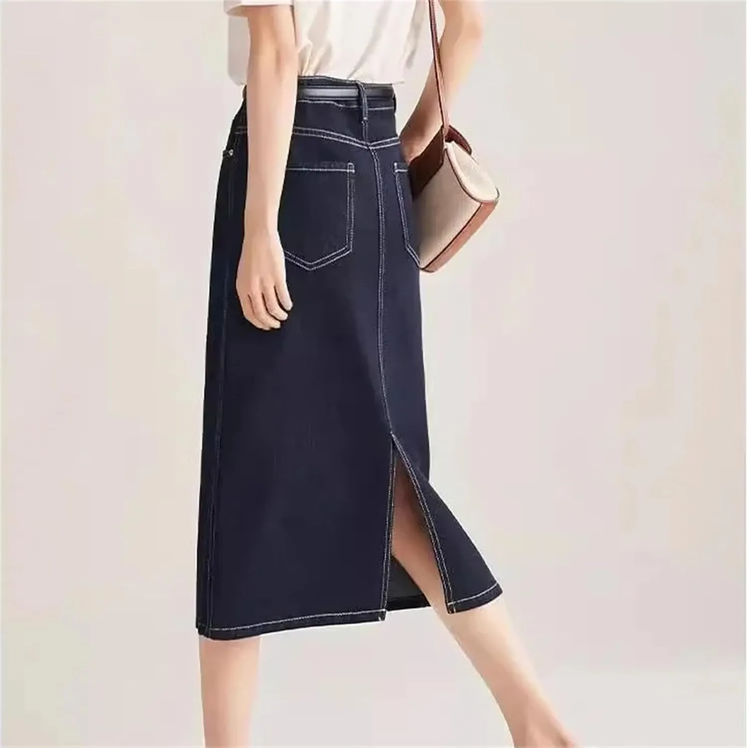 Women's High-Waisted A-Line Slimming Denim Skirt  Straight-Leg Summer Split Pockets Midi Jean Skirt Casual Stretch