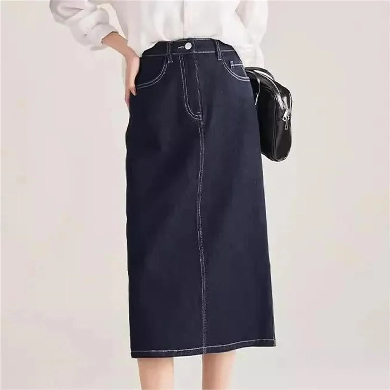 Women's High-Waisted A-Line Slimming Denim Skirt  Straight-Leg Summer Split Pockets Midi Jean Skirt Casual Stretch