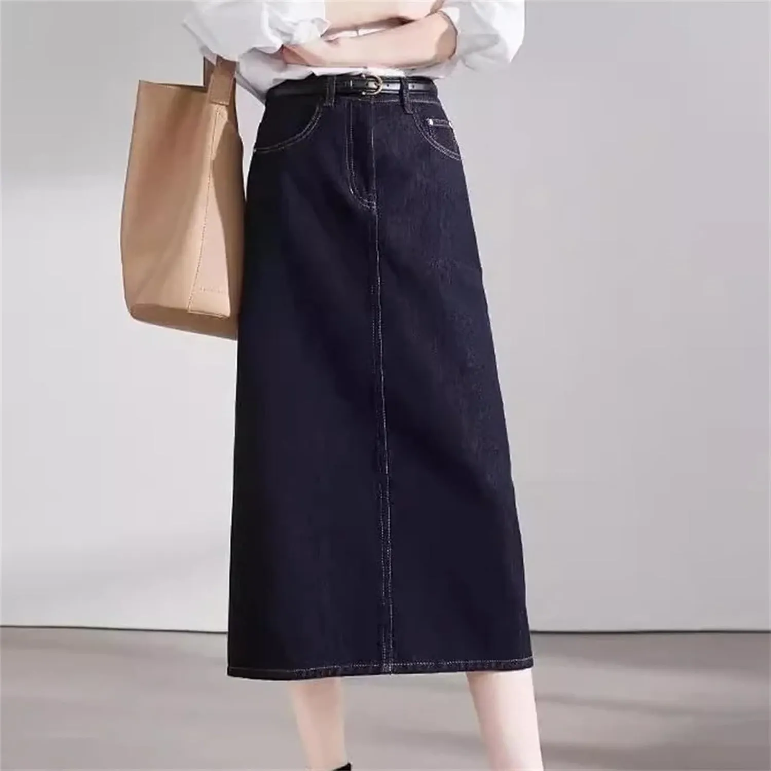 Women's High-Waisted A-Line Slimming Denim Skirt  Straight-Leg Summer Split Pockets Midi Jean Skirt Casual Stretch