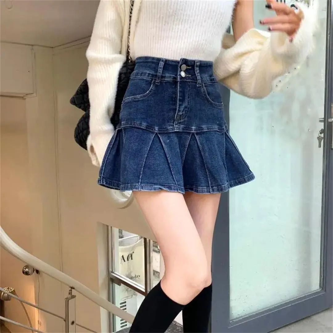 Women's High-Waisted Denim Skirt Pleated Retro Skinny A-Line Skirt Flanged Wrap Hip Skirt