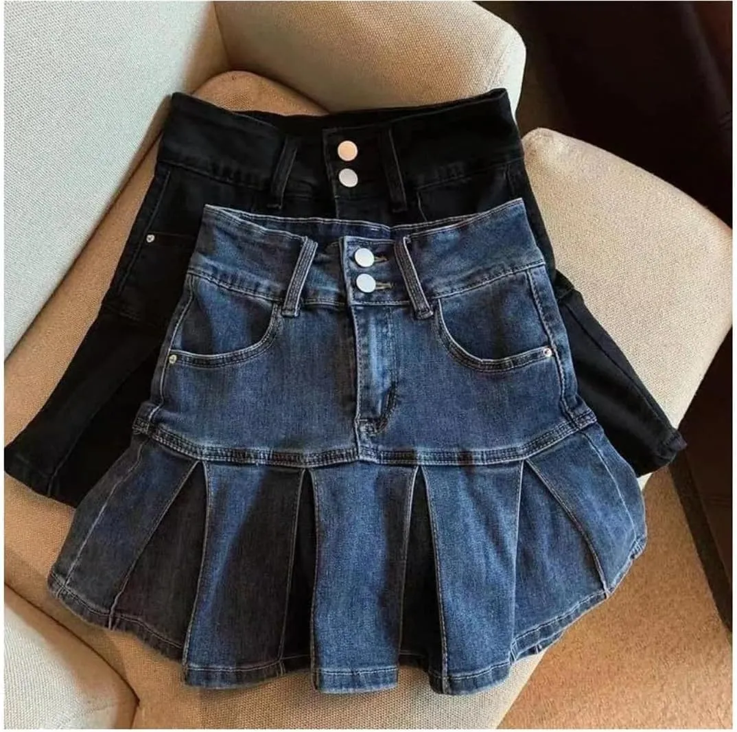 Women's High-Waisted Denim Skirt Pleated Retro Skinny A-Line Skirt Flanged Wrap Hip Skirt