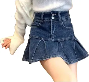 Women's High-Waisted Denim Skirt Pleated Retro Skinny A-Line Skirt Flanged Wrap Hip Skirt