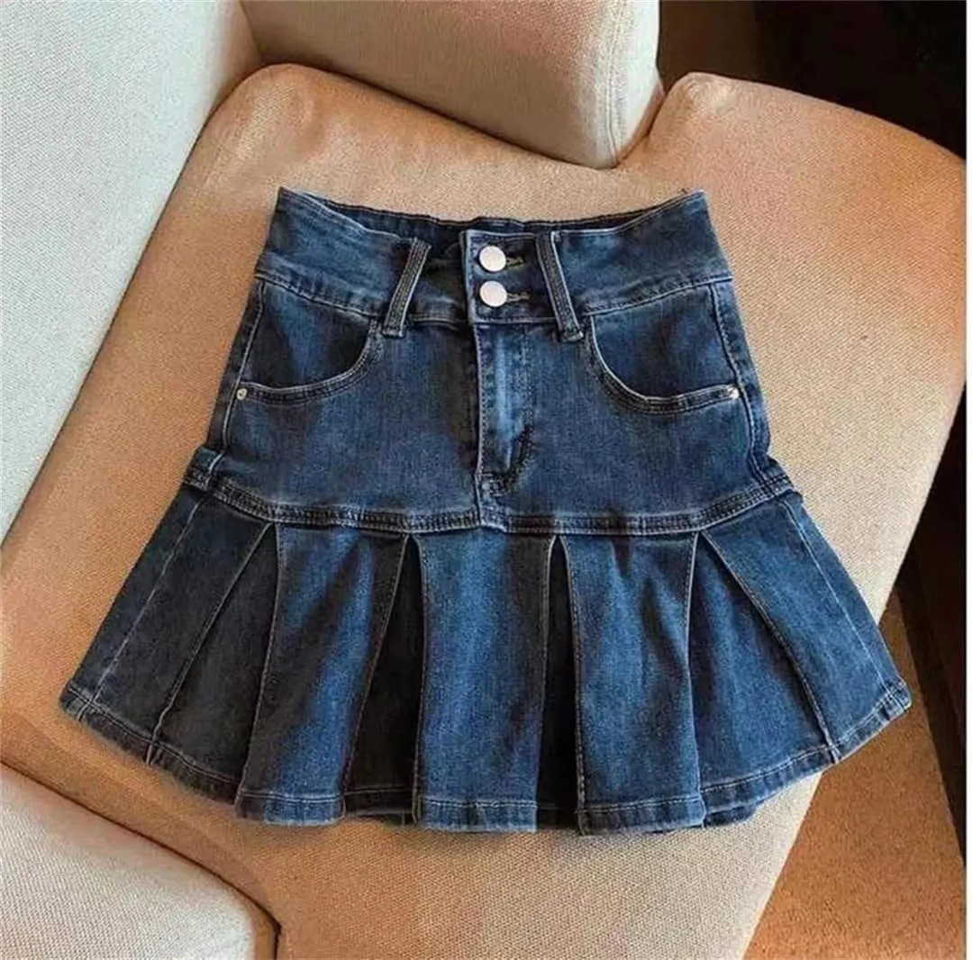 Women's High-Waisted Denim Skirt Pleated Retro Skinny A-Line Skirt Flanged Wrap Hip Skirt