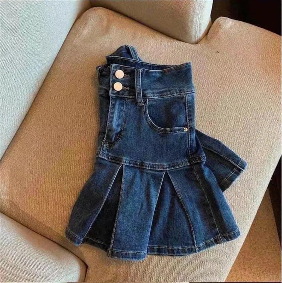Women's High-Waisted Denim Skirt Pleated Retro Skinny A-Line Skirt Flanged Wrap Hip Skirt