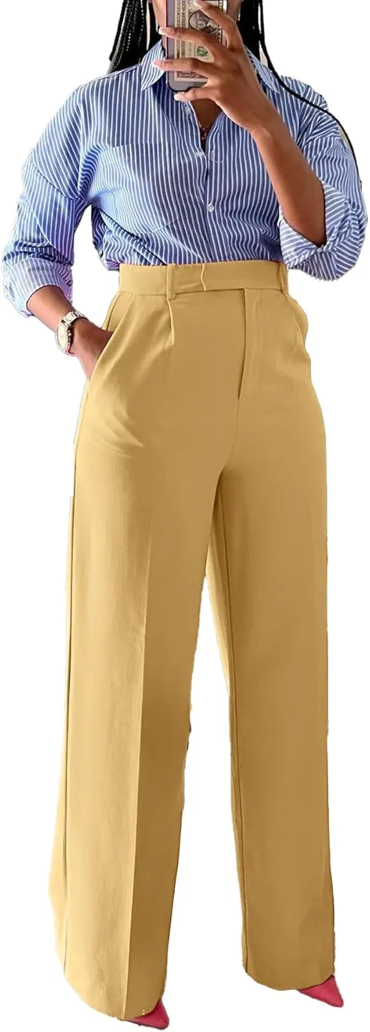 Women's High Waisted Dress Pants Stretchy Business Casual Pants Straight Leg Work Trousers with Pockets