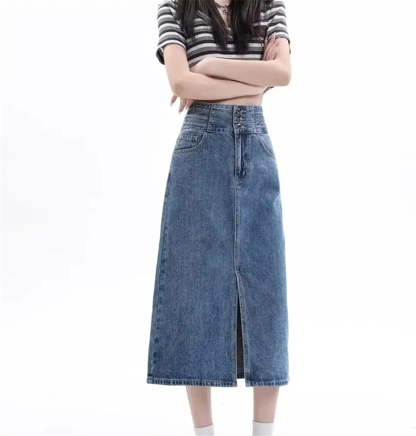 Women's High-Waisted Side Slit Denim Skirt  A-Line Slimming Long Dress Spring Summer Casual Washed Denim Skirts