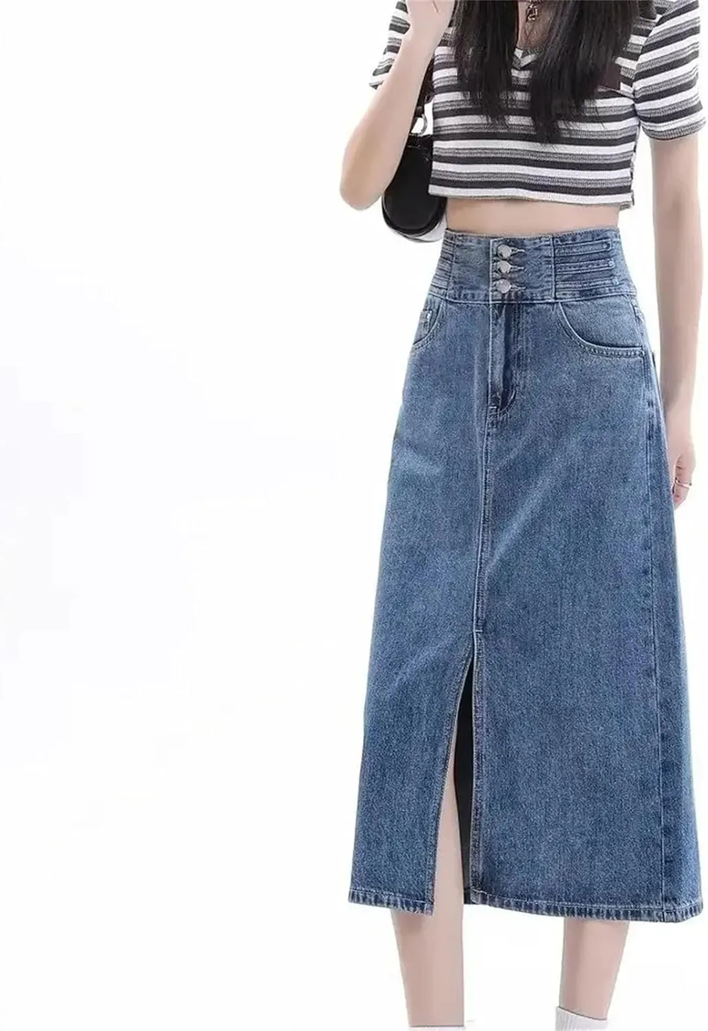 Women's High-Waisted Side Slit Denim Skirt  A-Line Slimming Long Dress Spring Summer Casual Washed Denim Skirts