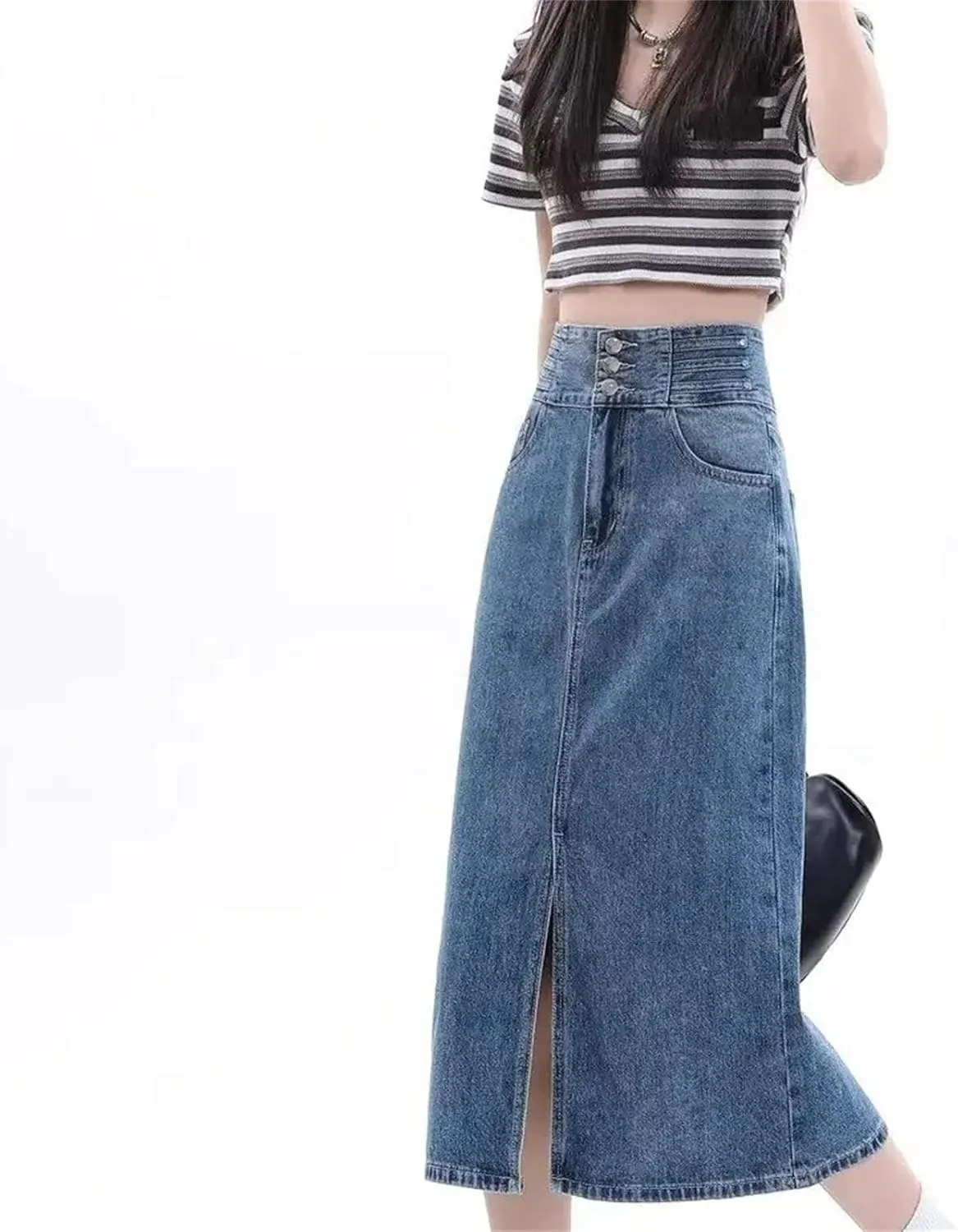 Women's High-Waisted Side Slit Denim Skirt  A-Line Slimming Long Dress Spring Summer Casual Washed Denim Skirts