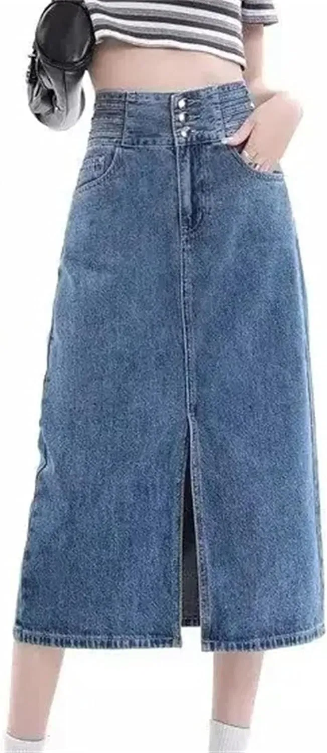 Women's High-Waisted Side Slit Denim Skirt  A-Line Slimming Long Dress Spring Summer Casual Washed Denim Skirts