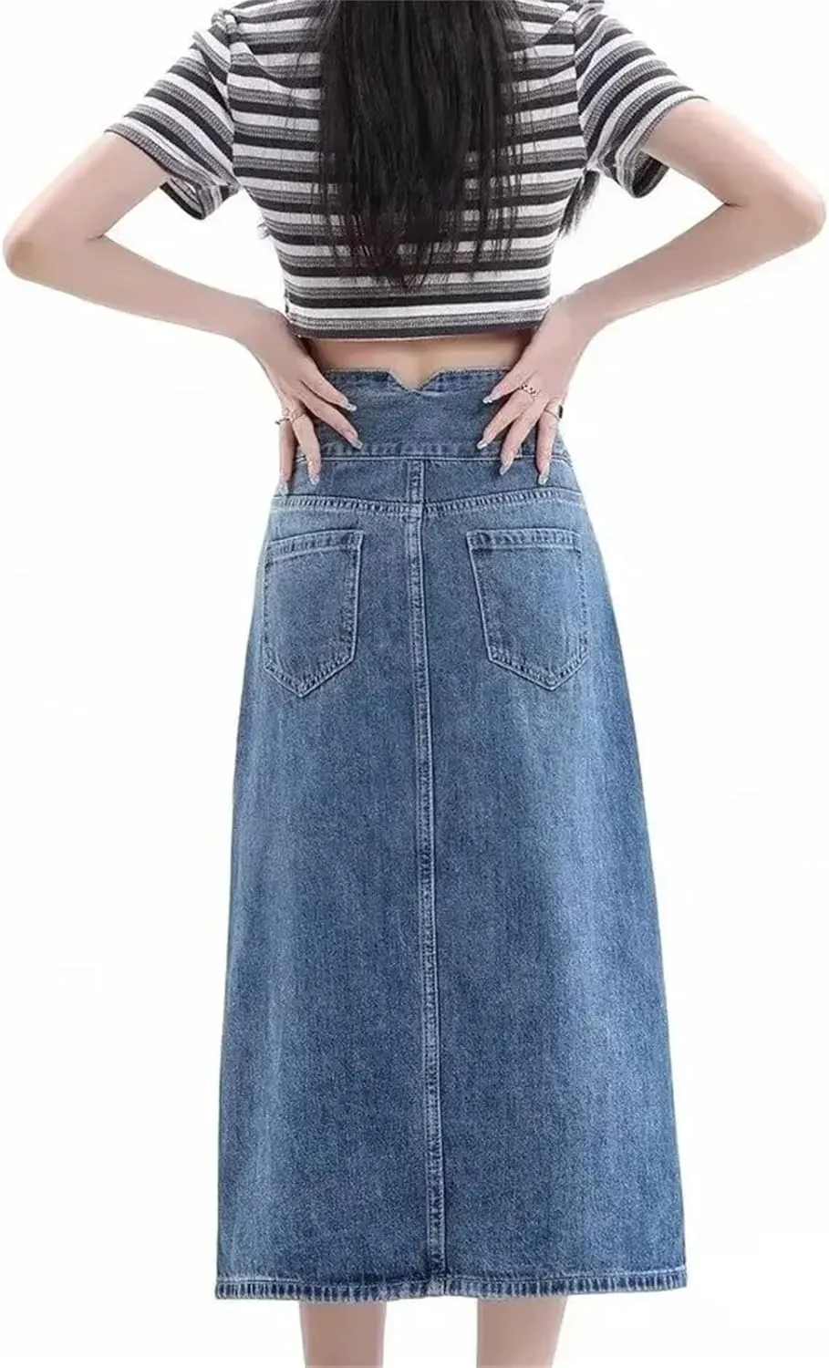 Women's High-Waisted Side Slit Denim Skirt  A-Line Slimming Long Dress Spring Summer Casual Washed Denim Skirts