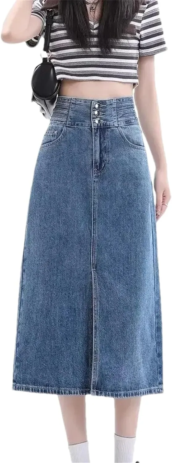 Women's High-Waisted Side Slit Denim Skirt  A-Line Slimming Long Dress Spring Summer Casual Washed Denim Skirts