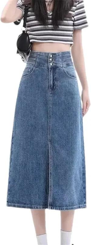 Women's High-Waisted Side Slit Denim Skirt  A-Line Slimming Long Dress Spring Summer Casual Washed Denim Skirts