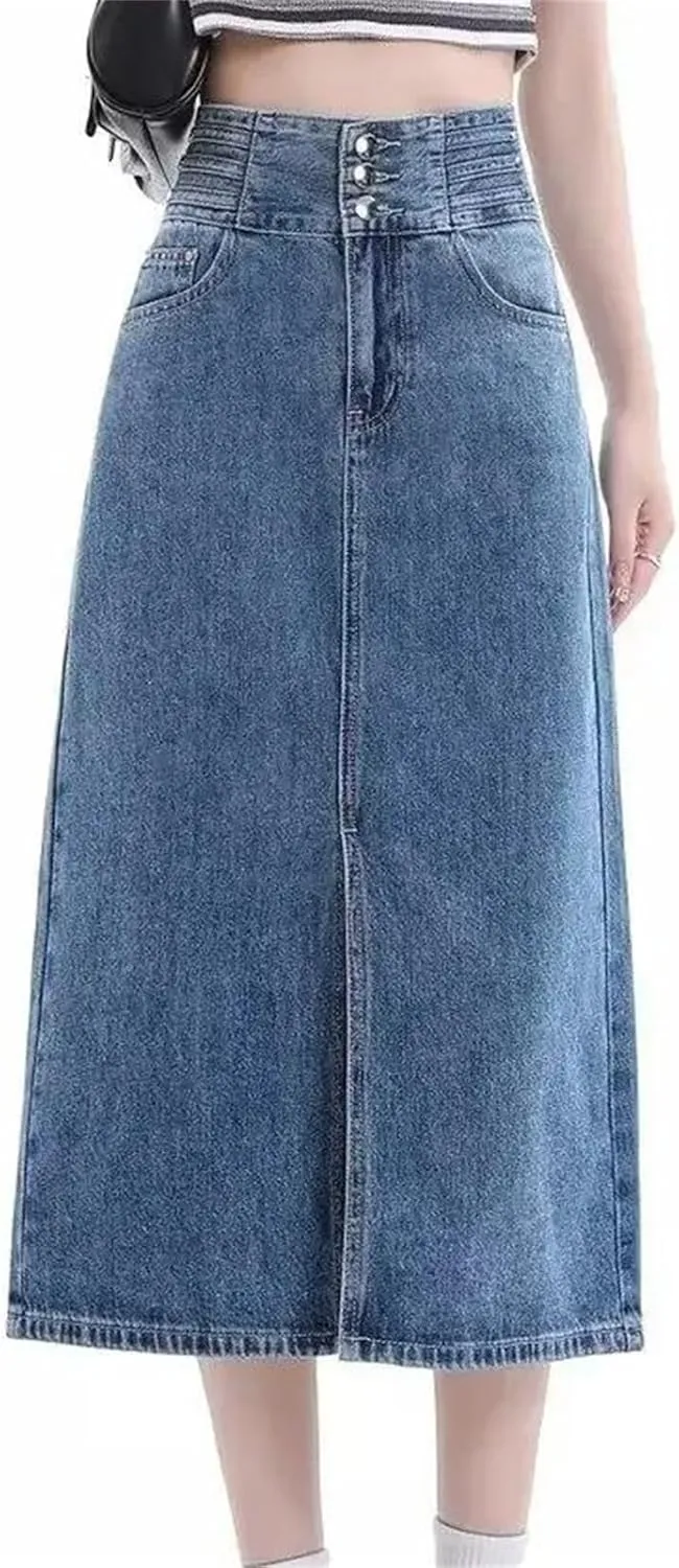 Women's High-Waisted Side Slit Denim Skirt  A-Line Slimming Long Dress Spring Summer Casual Washed Denim Skirts
