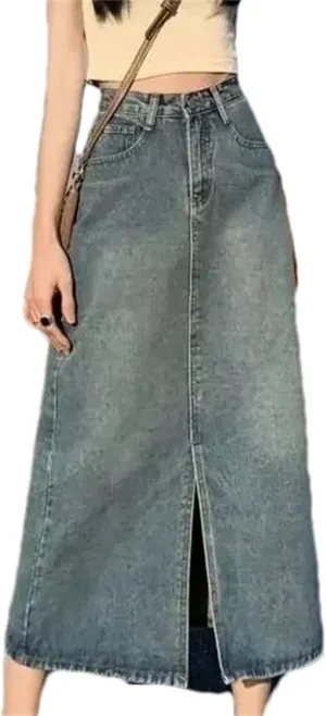 Women's High-Waisted Side Slit Denim Skirt  Slimming Medium-Length A-Line Bodycon Skirt Spring Summer Dress