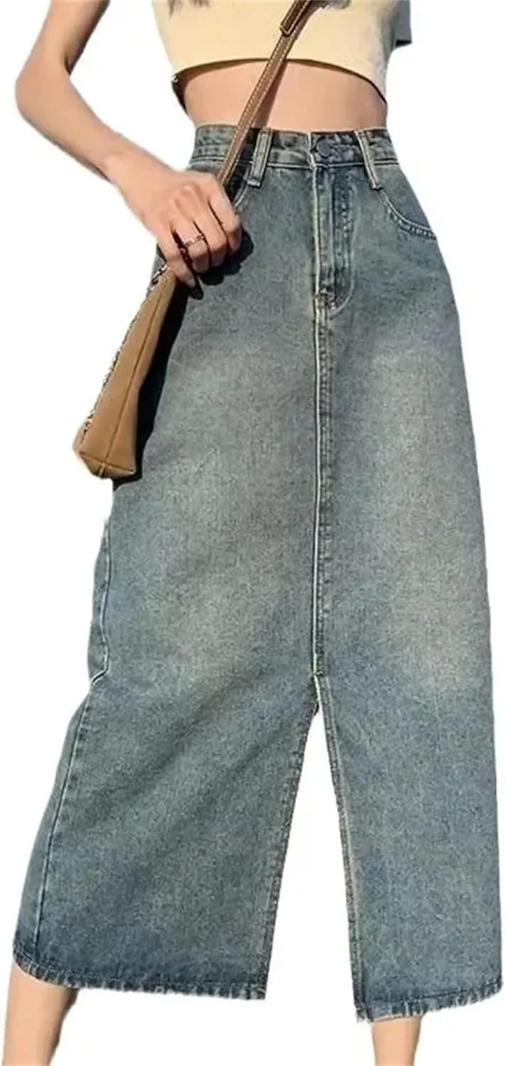 Women's High-Waisted Side Slit Denim Skirt  Slimming Medium-Length A-Line Bodycon Skirt Spring Summer Dress