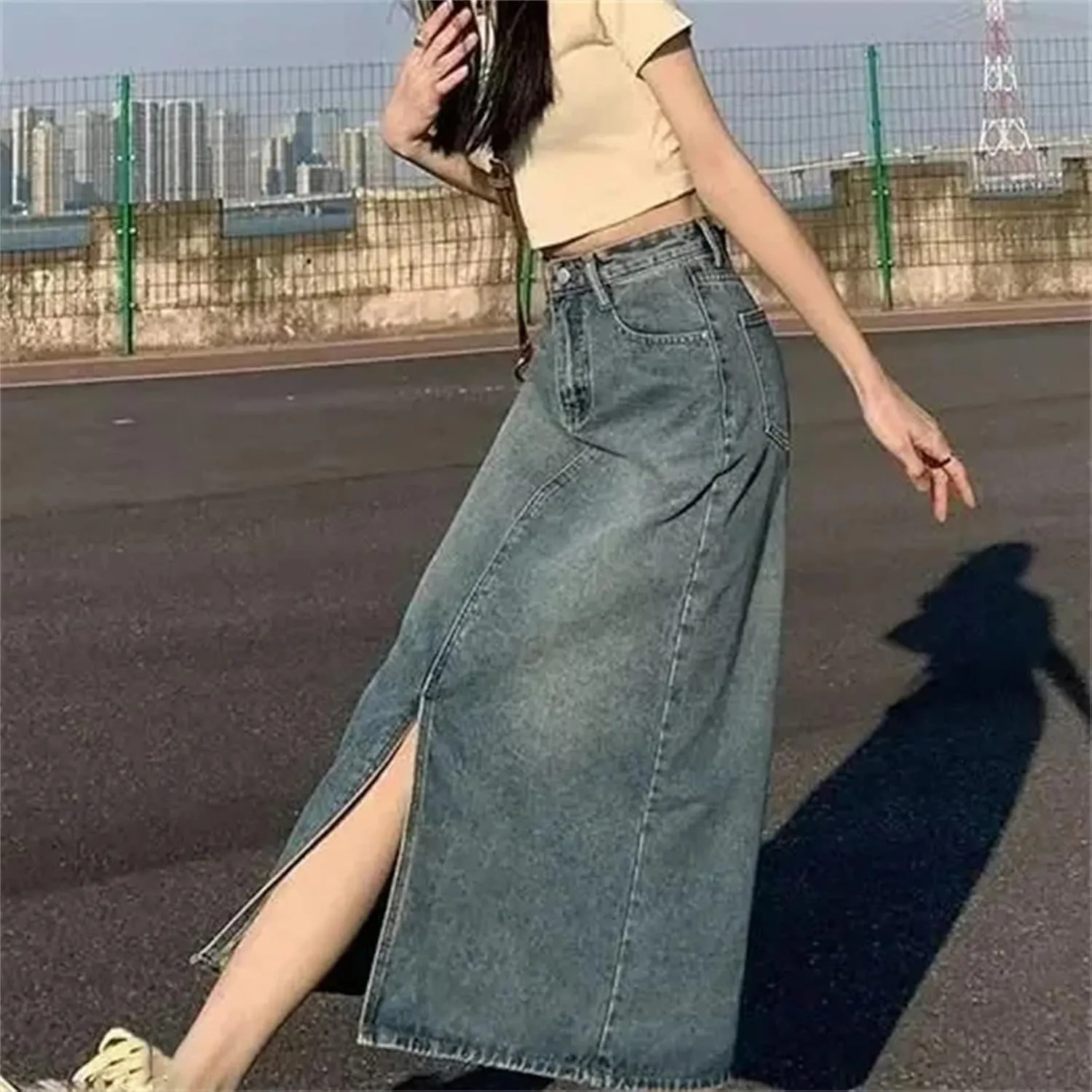 Women's High-Waisted Side Slit Denim Skirt  Slimming Medium-Length A-Line Bodycon Skirt Spring Summer Dress