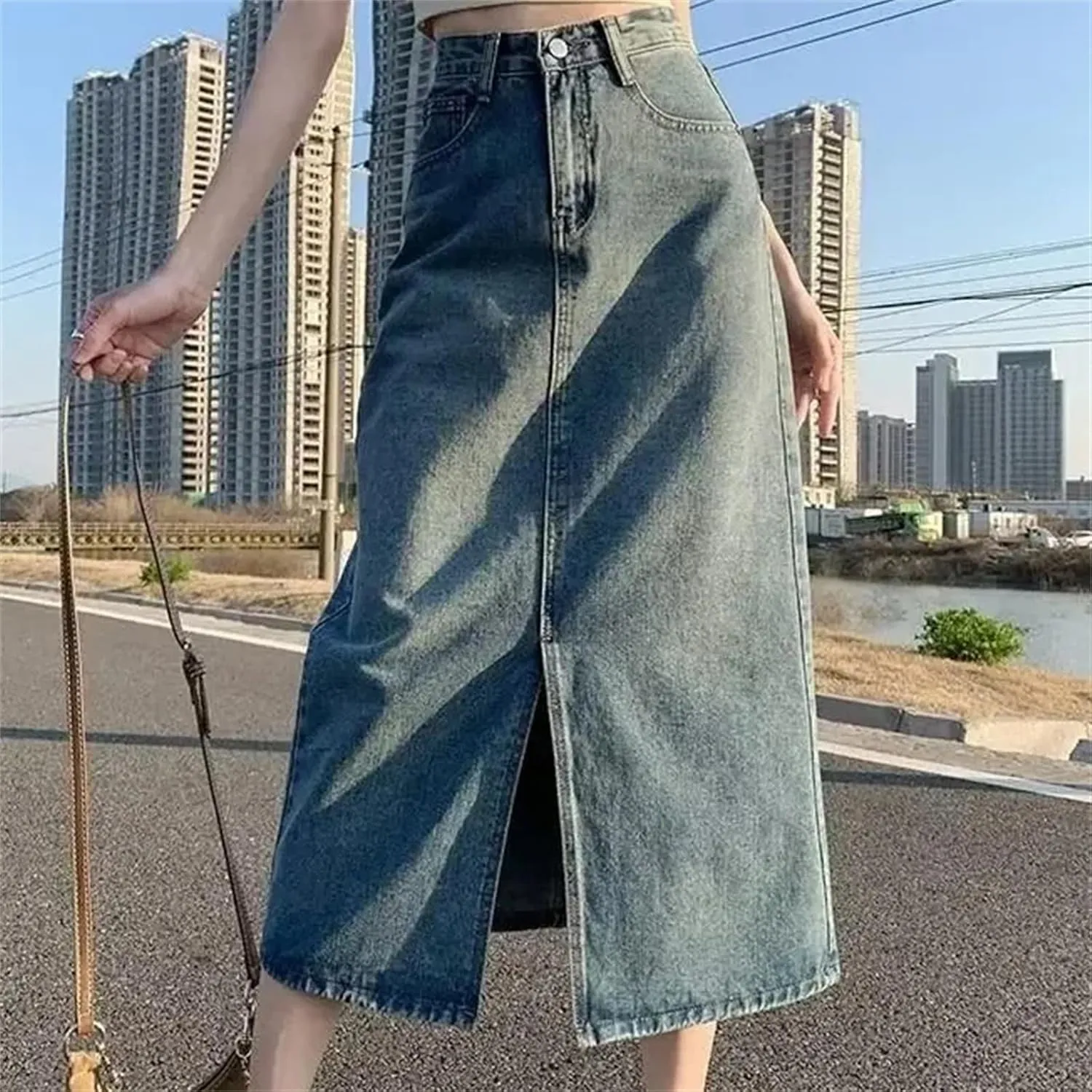 Women's High-Waisted Side Slit Denim Skirt  Slimming Medium-Length A-Line Bodycon Skirt Spring Summer Dress